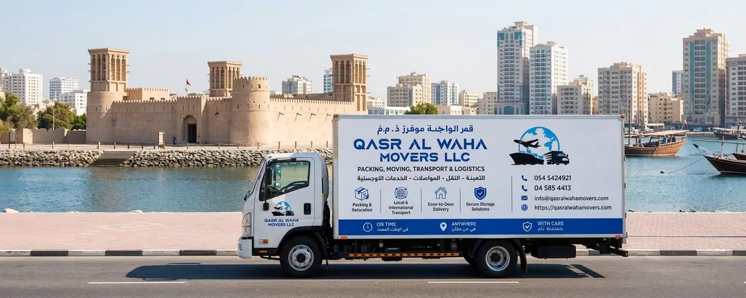 A Qasr Al Waha Movers truck on the creek in Ajman, in front of the old fort and its wind towers