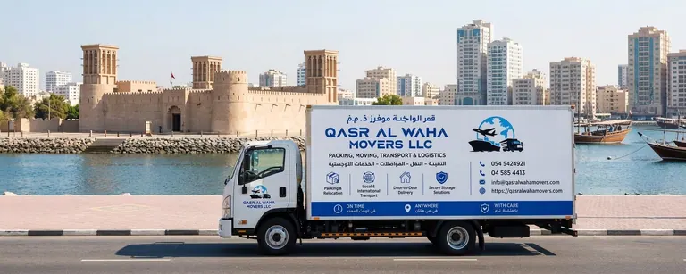 A Qasr Al Waha Movers truck on the creek in Ajman, in front of the old fort and its wind towers