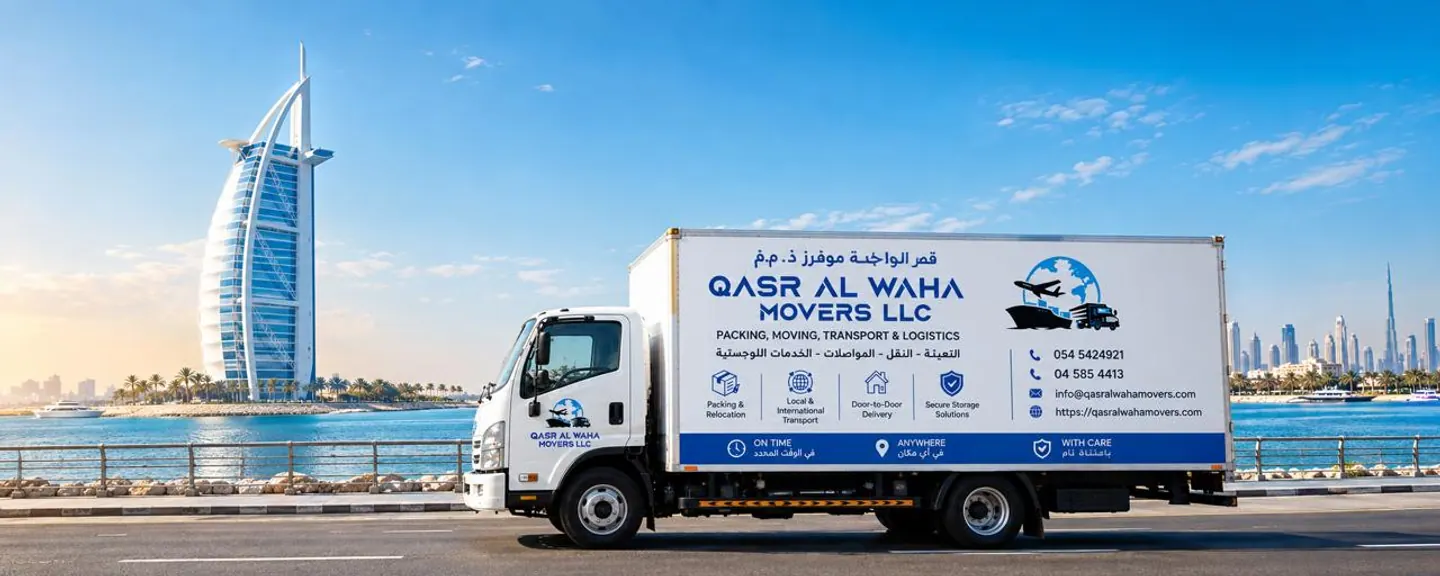 A Qasr Al Waha Movers truck in front of the Burj Al Arab, Dubai
