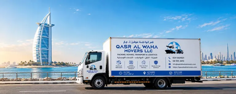 A Qasr Al Waha Movers truck on the seafront in front of the Burj Al Arab in Dubai