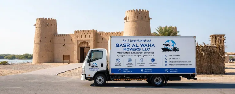 A Qasr Al Waha Movers truck in front of the old fort at Umm Al Quwain