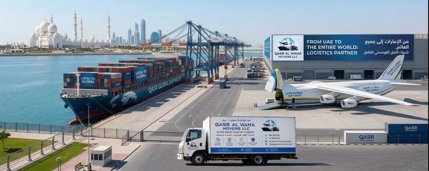 A UAE port with a container ship, a cargo aircraft and a Qasr Al Waha Movers truck