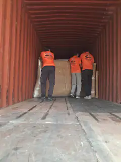 Two movers carrying a wrapped item into a container